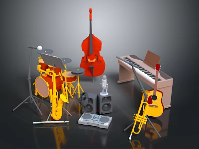 Musical Instruments and Equipment Including Drum Set Double Bass Piano Guitar Saxophone and Microphone 3d model