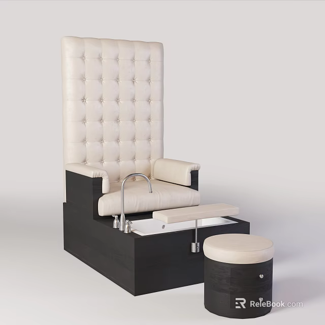 Leisure Chair with Beige Tufted Backrest Black Base Foot Bath Function and Small Round Stool 3d model