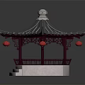 Cartoon Scene of Traditional Chinese Pavilion With Curved Roof Red Lanterns Red Railings White Base