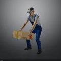 Person In Blue Overalls Wearing VR Headset Carrying Cardboard Box On Gray Background