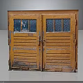 Vintage Orange Wooden Double Doors With Glass Panes And Worn Weathered Texture