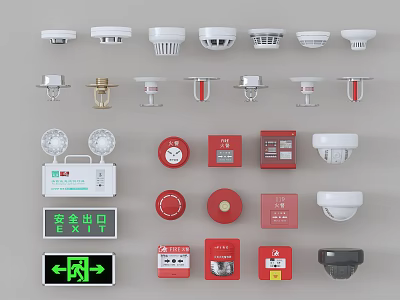 Complete Fire Protection Devices Set With Smoke Detectors Alarm Buttons And Exit Signs 3d model