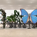 Bright Restaurant Interior With Blue Chairs Wooden Tables Green Plants And White Hexagonal Tiles Floor