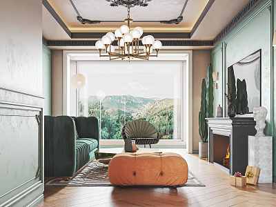Elegant Modern Living Room Interior with Green Sofa Orange Ottoman Chandelier Fireplace Mountain View Window 3d model