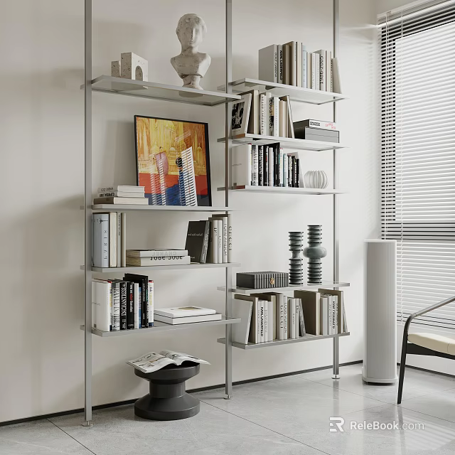 Modern Open Shelf Bookshelf With Stacked Books Framed Art And Decorative Sculptures 3d model 
