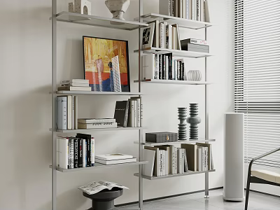 Modern Open Shelf Bookshelf With Stacked Books Framed Art And Decorative Sculptures 3d model