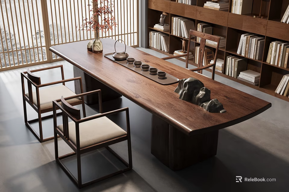 Chinese Style Wooden Tea Table and Chairs With Tea Set Tray and Bookcase Interior 3d model 