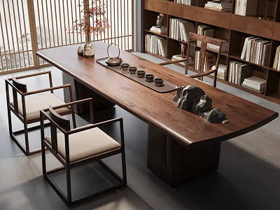 Chinese Style Wooden Tea Table and Chairs With Tea Set Tray and Bookcase Interior 3d model