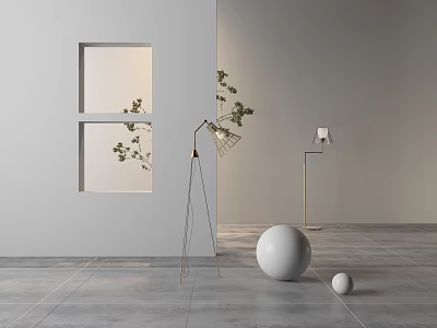 Modern Floor Lamp In Minimalist Room With Gray Walls Window Green Plant And White Spheres 3d model