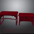 Two Stylish Red Wooden Tables With Traditional Leg Design And Smooth Rectangular Tops