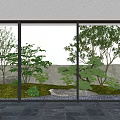 Serene Courtyard Garden With Glass Walls Trees Moss Stones And Natural Landscape