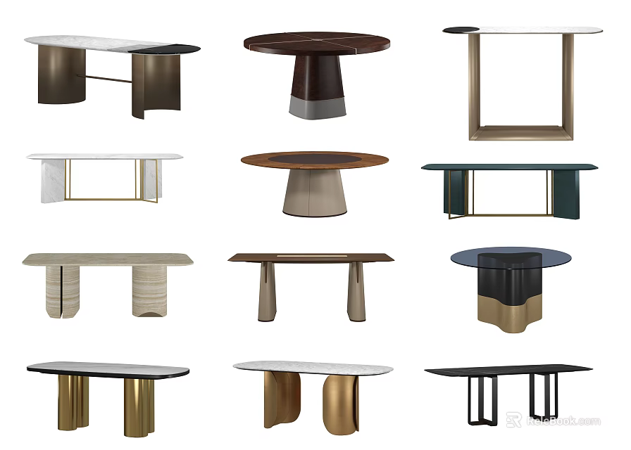 Stylish Modern Dining Tables In Various Shapes With Marble Tops And Metal Legs 3d model 