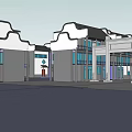 Traditional Style Commercial Complex With White Walls Blue Windows And Modern Design