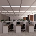 Public Office Area Featuring Cubicles Computers Office Chairs Potted Plants And Ceiling Lights 3d model
