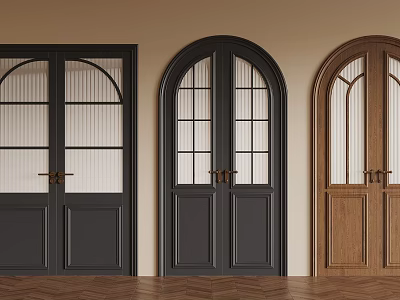 Stylish Arched Top Double Doors With Glass Panes In Black And Brown Wooden Frames For Interior 3d model