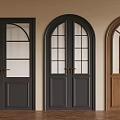 Stylish Arched Top Double Doors With Glass Panes In Black And Brown Wooden Frames For Interior