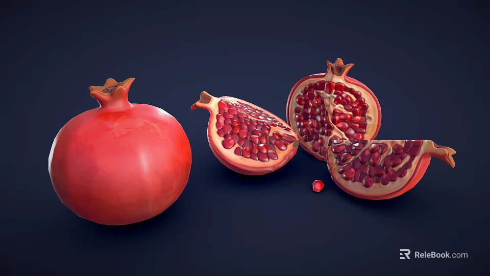 Fresh Red Pomegranate With Whole Fruit And Cut Open Sections Showing Juicy Arils 3d model