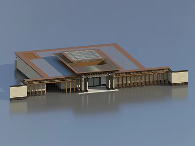 Modern Traditional Entrance Gate Design With Brown Roof Skylight And Stone Walls 3d model