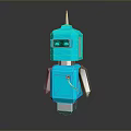 Blue 3D Robot Model With Spiked Head Square Body Green Eyes And Dark Background
