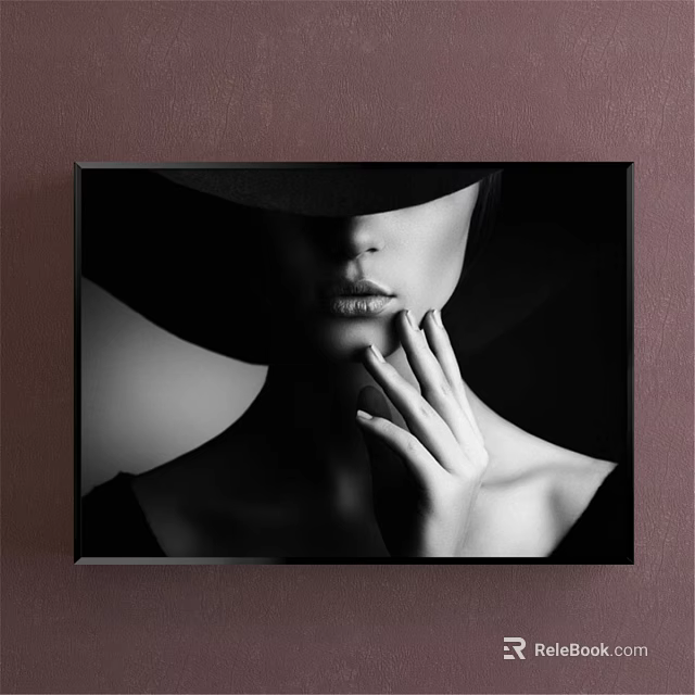 Black and White Framed Portrait Painting of Woman With Black Hat Lips and Hand 3d model 