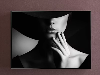 Black and White Framed Portrait Painting of Woman With Black Hat Lips and Hand 3d model