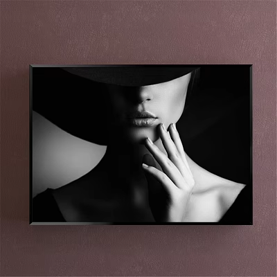 Black and White Framed Portrait Painting of Woman With Black Hat Lips and Hand 3d model