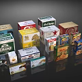 Various Food Packaging Boxes With Different Brands Colors Patterns And Text Designs 3d model