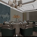 Elegant Private Dining Room Interior With Set Round Table Green Chairs Chandelier And Wall Art
