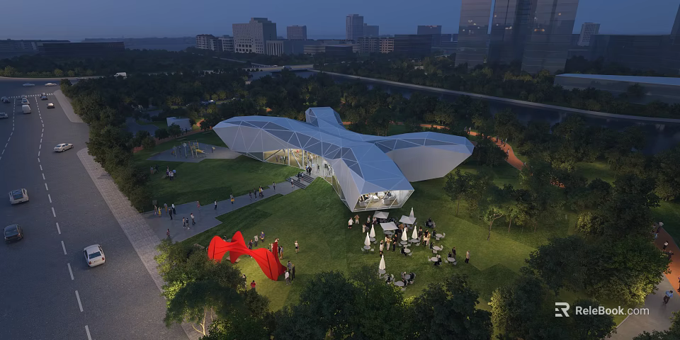 Modern Geometric Sales Office Building At Evening With Green Lawn People Gathering And Urban Skyline 3d model 