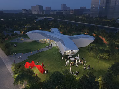 Modern Geometric Sales Office Building At Evening With Green Lawn People Gathering And Urban Skyline 3d model