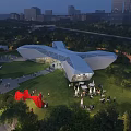 Modern Geometric Sales Office Building At Evening With Green Lawn People Gathering And Urban Skyline