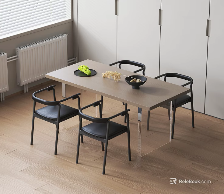 Modern Dining Table Set with Black Chairs Light Wood Top Fruit Bowl and Snacks 3d model 