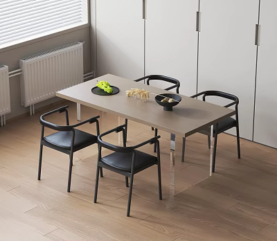 Modern Dining Table Set with Black Chairs Light Wood Top Fruit Bowl and Snacks 3d model