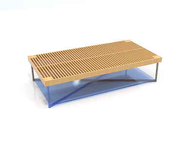 Modern Coffee Table With Wooden Slatted Top Clear Glass Lower Shelf And Metal Frame 3d model