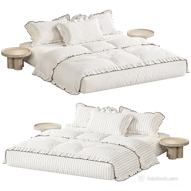 Elegant Modern Double Bed With White Bedding Pillows And Round Side Tables 3d model 