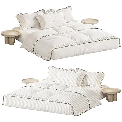 Elegant Modern Double Bed With White Bedding Pillows And Round Side Tables 3d model