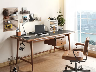 Modern Wooden Desk And Brown Office Chair Set With Laptop Lamp Stationery And City View 3d model