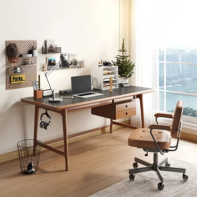 Modern Wooden Desk And Brown Office Chair Set With Laptop Lamp Stationery And City View 3d model