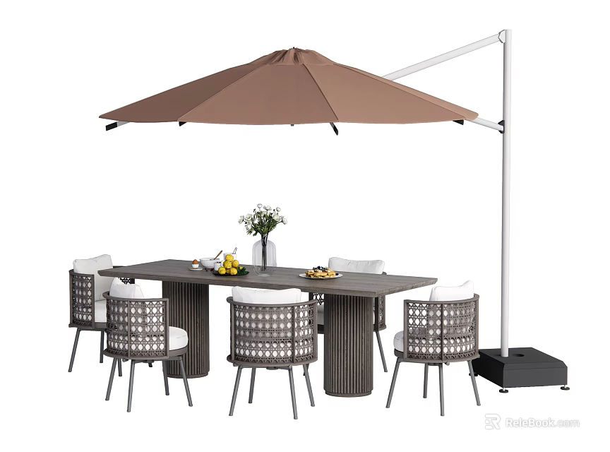 Outdoor Rectangular Dining Table With Wicker Chairs And Brown Cantilever Umbrella 3d model
