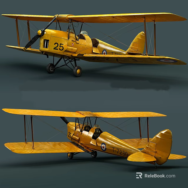 Yellow Biplane Fighter With Vintage Design Classic Double Wings And Retro Features 3d model 