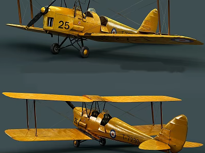 Yellow Biplane Fighter With Vintage Design Classic Double Wings And Retro Features 3d model