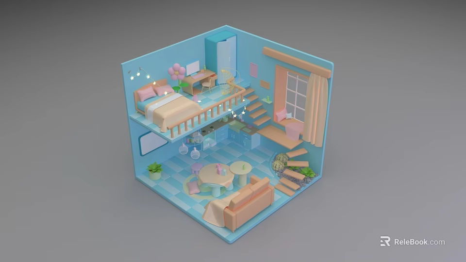 Cartoon Style Room Scene With Two Floors Bed Desk Sofa And Plants 3d model 
