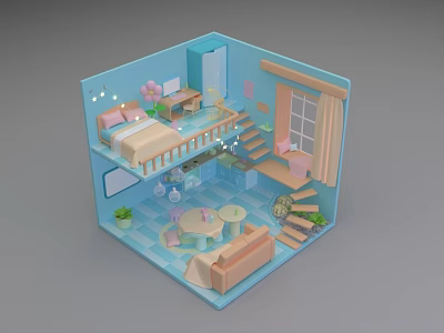 Cartoon Style Room Scene With Two Floors Bed Desk Sofa And Plants 3d model