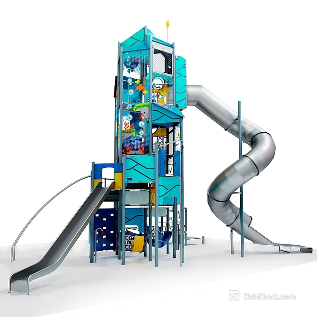 Colorful Tower Shaped Playground Structure With Blue Green Panels Multiple Slides And Decorative Elements 3d model