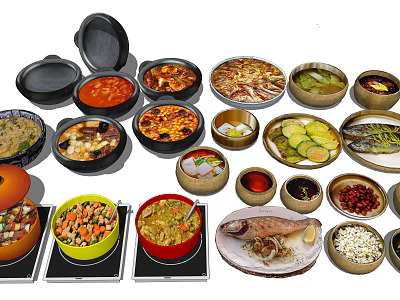 Traditional Homemade Food Dishes with Various Stews Vegetables and Fish in Ceramic Bowls and Plates 3d model