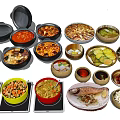 Traditional Homemade Food Dishes with Various Stews Vegetables and Fish in Ceramic Bowls and Plates