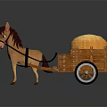 Horse Drawn Wooden Cart Carrying Large Hay Bales on Dark Surface