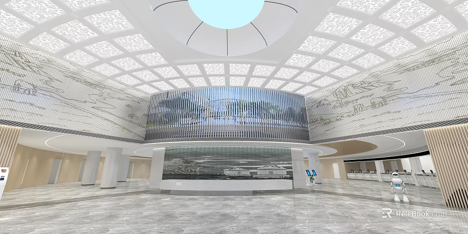 Spacious Modern Service Hall With Domed Ceiling Decorative Walls And Screens 3d model 