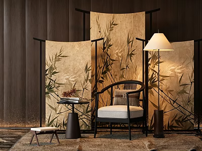 Elegant Bamboo Patterned Screen In Living Room With Accent Chair And Floor Lamp 3d model