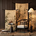 Elegant Bamboo Patterned Screen In Living Room With Accent Chair And Floor Lamp